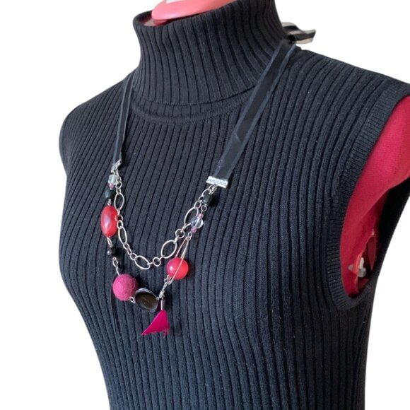 CREATION -Short necklace double layers with ribbon attach fuchsia & Black - Picture 2 of 8